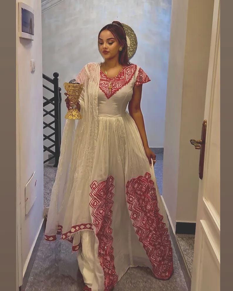 Habesha Clothing, New Red Tilet, Eritrean and Ethiopian Traditional Wedding Attire, Custom Made Fashion