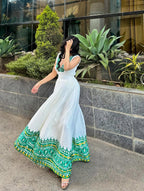 Cultural Habesha Kemis for Women, Green Tilet Eritrean & Ethiopian Traditional Dress, Custom Made