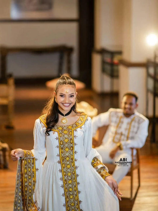 Cultural Habesha Fetil Kemis For Women, New golden Tilet Eritrean & Ethiopian Traditional Dress