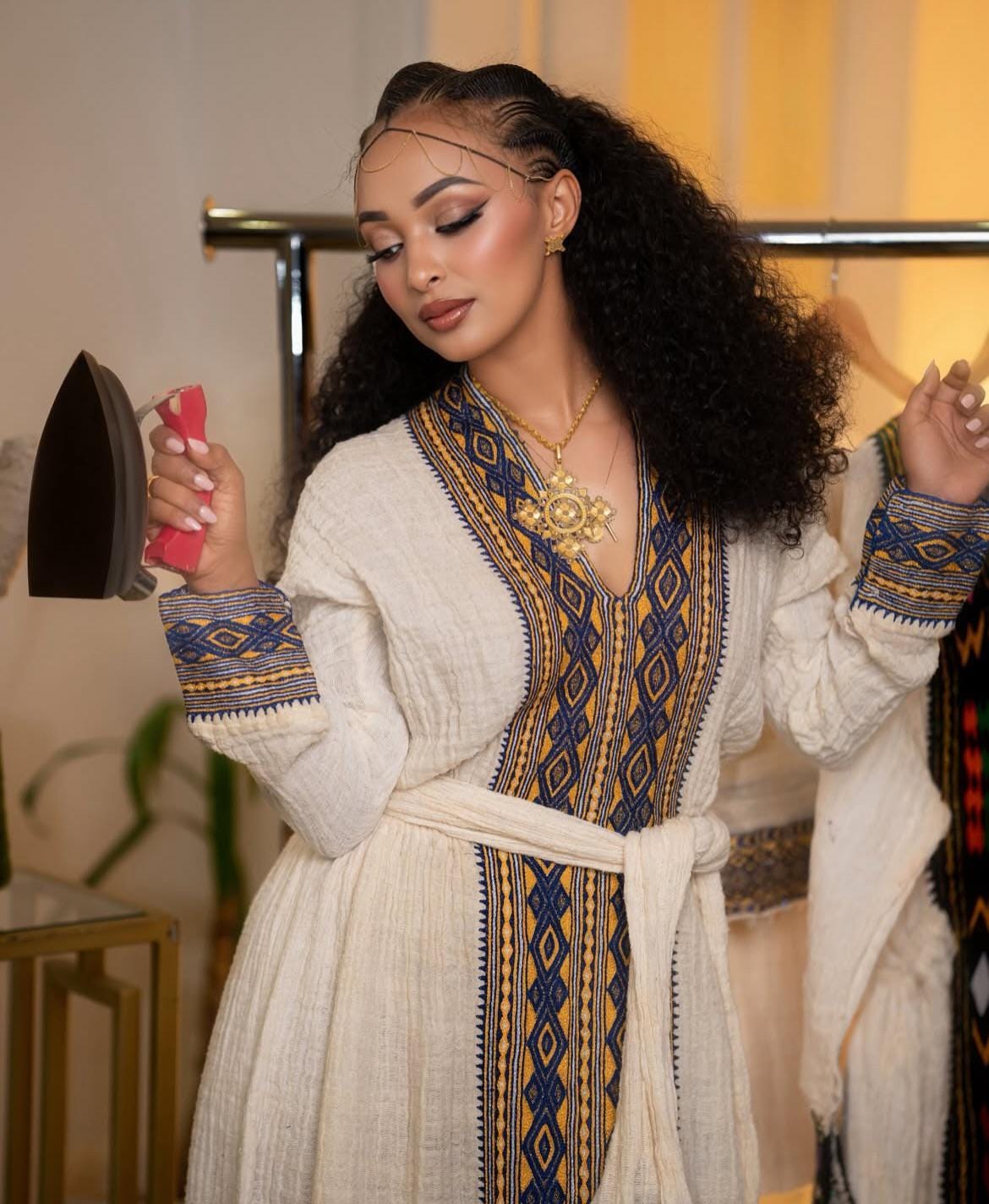Cultural Habesha Axum fetil  Kemis For Women, New golden Tilet Eritrean & Ethiopian Traditional Dress