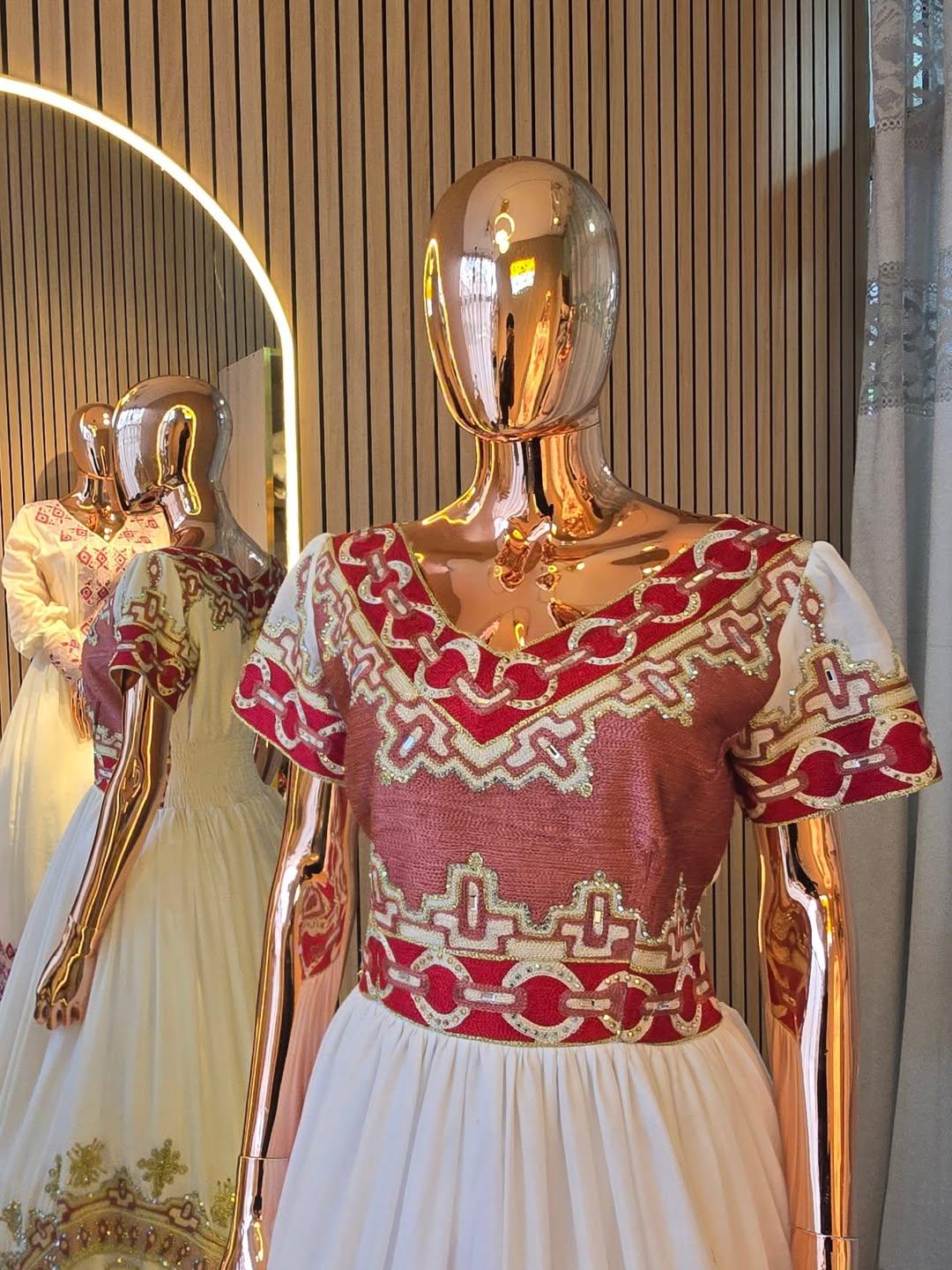 Cultural Habesha  Kemis For Women, New golden and red Tilet Eritrean & Ethiopian Traditional Dress