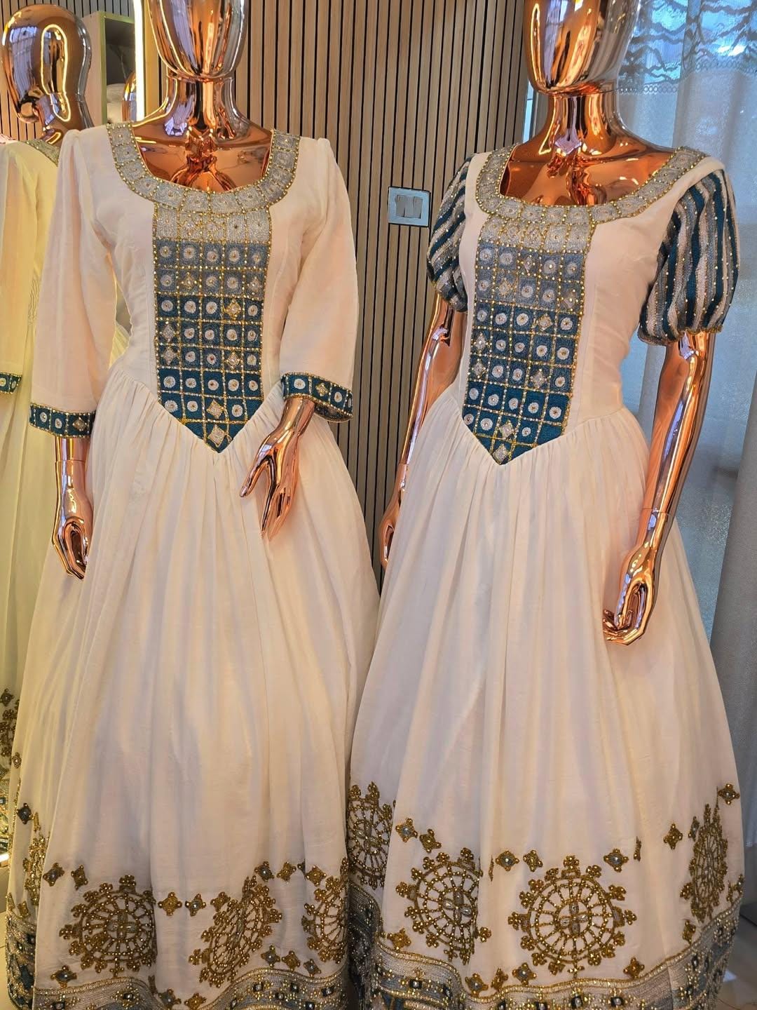 Cultural Habesha Kemis For Women, New blue Tilet Eritrean & Ethiopian Traditional Dress
