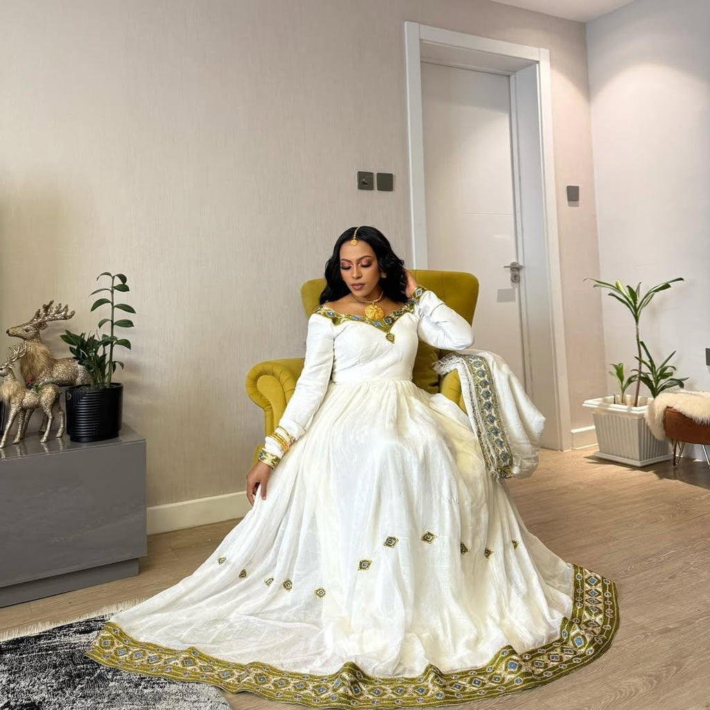 Cultural Habesha Fetil Kemis For Women, New dark green  Tilet Eritrean & Ethiopian Traditional Dress