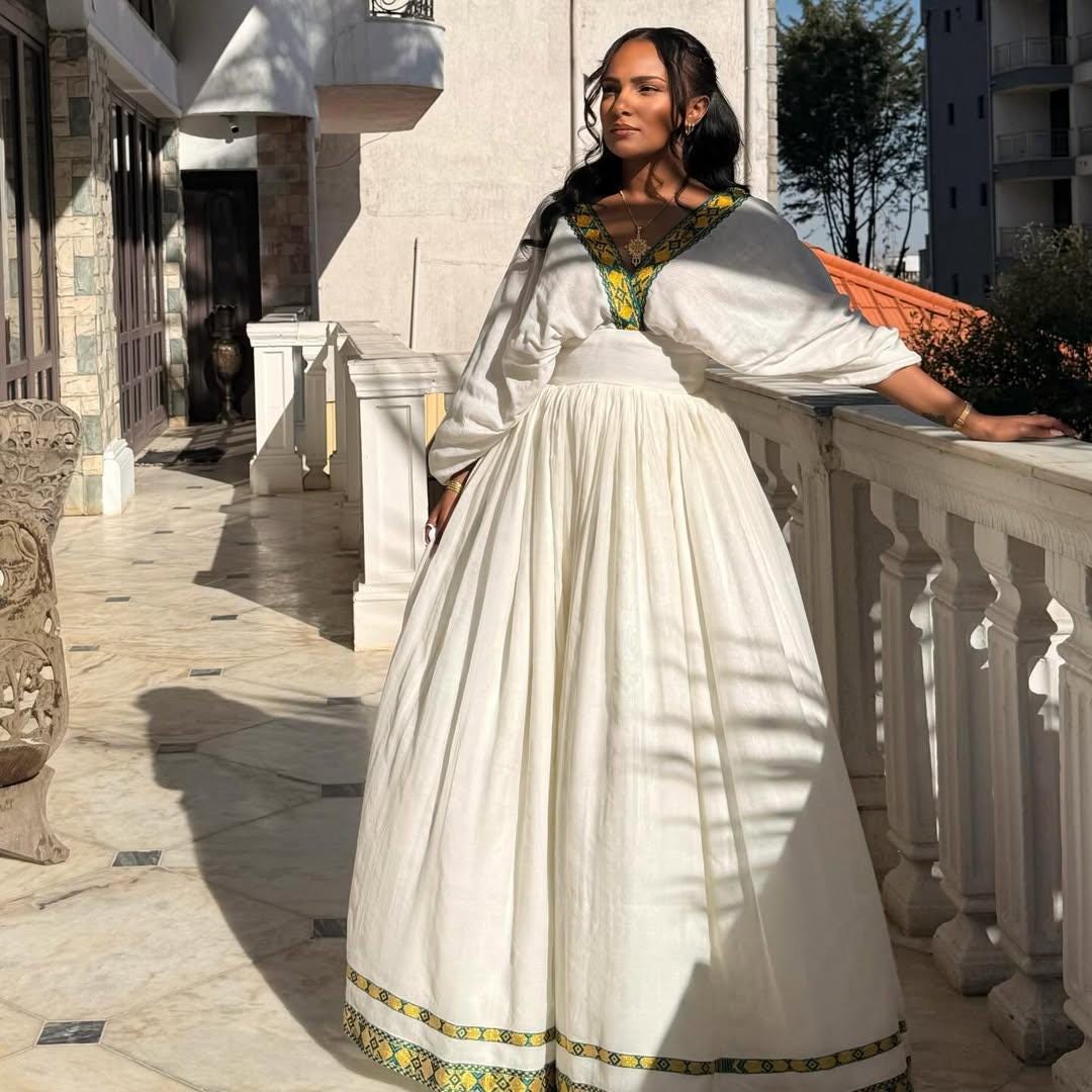 Cultural Habesha zuria Kemis For Women, New green and yellow  Tilet Eritrean & Ethiopian Traditional Dress