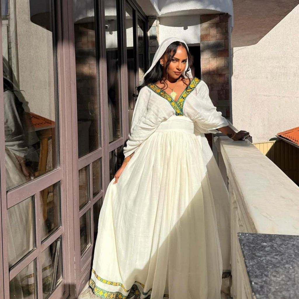 Cultural Habesha zuria Kemis For Women, New green and yellow  Tilet Eritrean & Ethiopian Traditional Dress