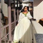 Cultural Habesha zuria Kemis For Women, New green and yellow  Tilet Eritrean & Ethiopian Traditional Dress