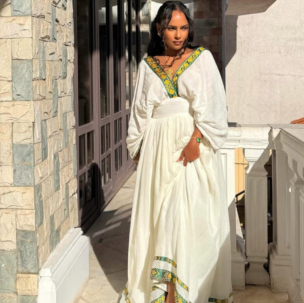Cultural Habesha zuria Kemis For Women, New green and yellow  Tilet Eritrean & Ethiopian Traditional Dress