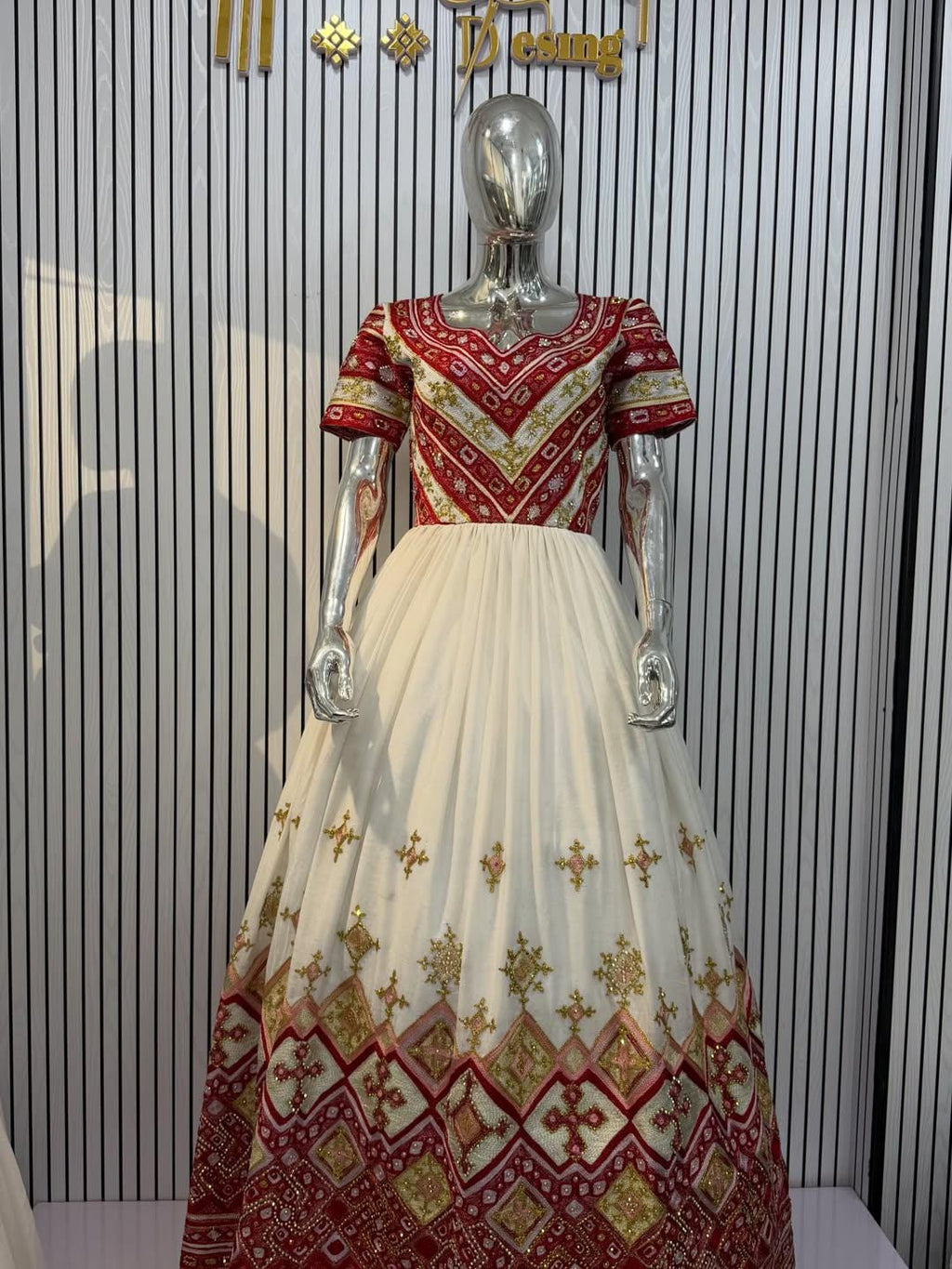 Cultural Habesha zuria  Kemis For Women, New golden and red tilf Tilet Eritrean & Ethiopian Traditional Dress