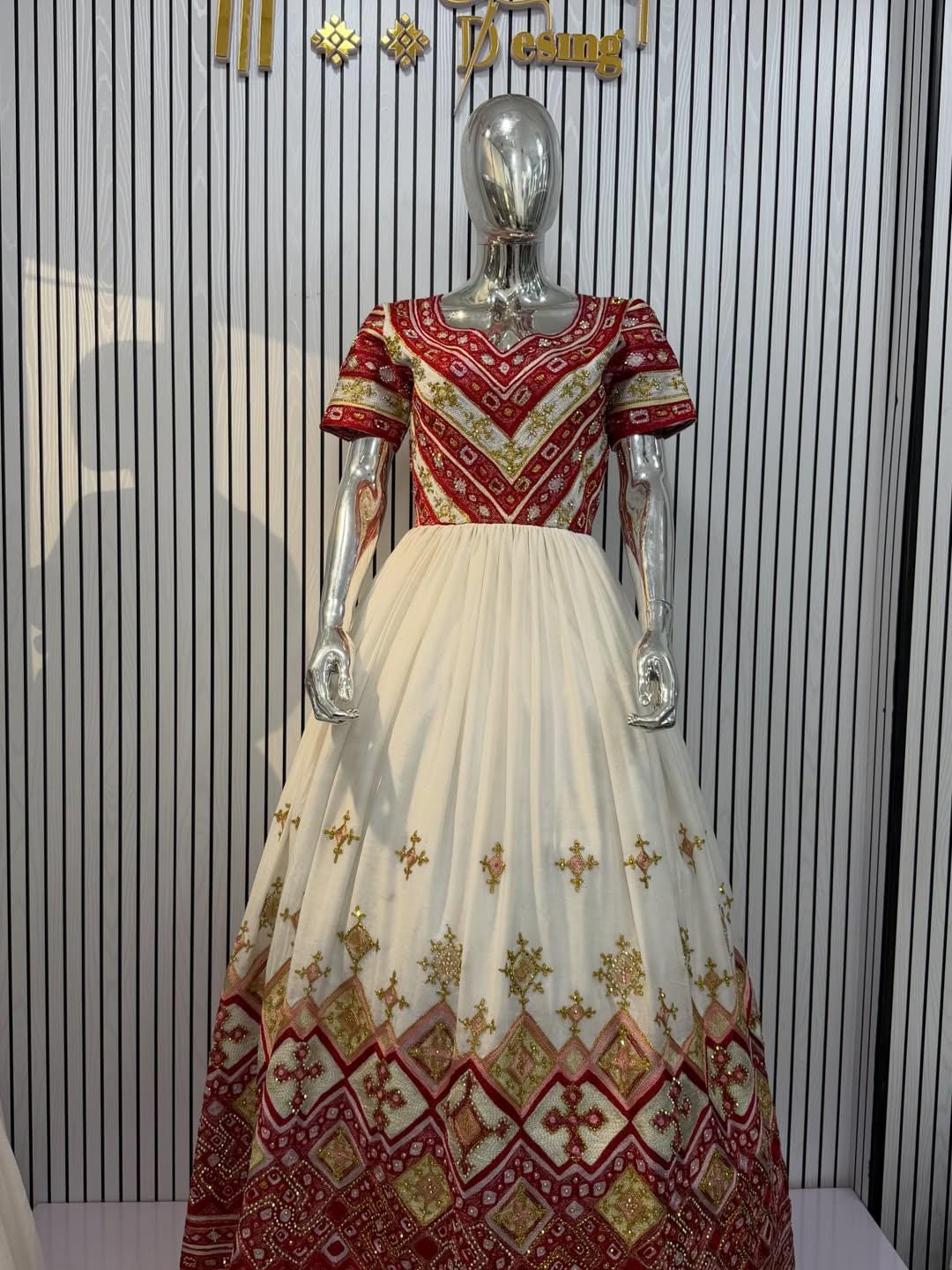 Cultural Habesha zuria  Kemis For Women, New golden and red tilf Tilet Eritrean & Ethiopian Traditional Dress