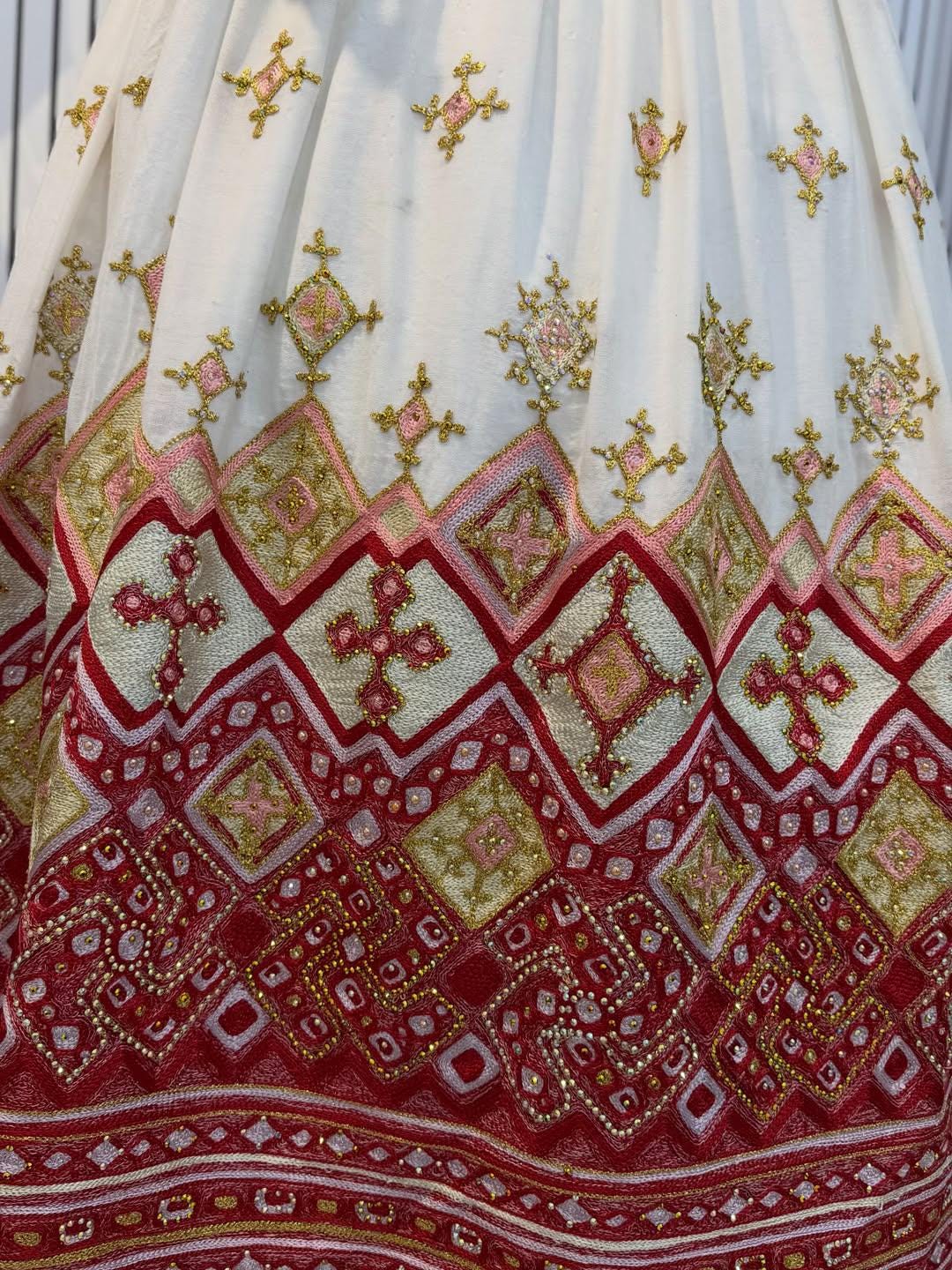 Cultural Habesha zuria  Kemis For Women, New golden and red tilf Tilet Eritrean & Ethiopian Traditional Dress