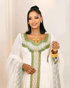 Cultural Habesha Kemis for Women green ,Tilet Eritrean & Ethiopian Traditional Dress