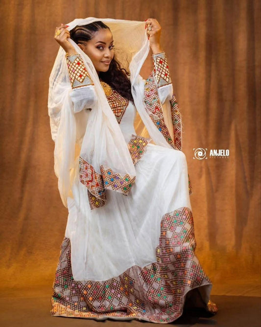 Cultural Habesha Kemis for Women golden ,   Tilet Eritrean & Ethiopian Traditional Dress