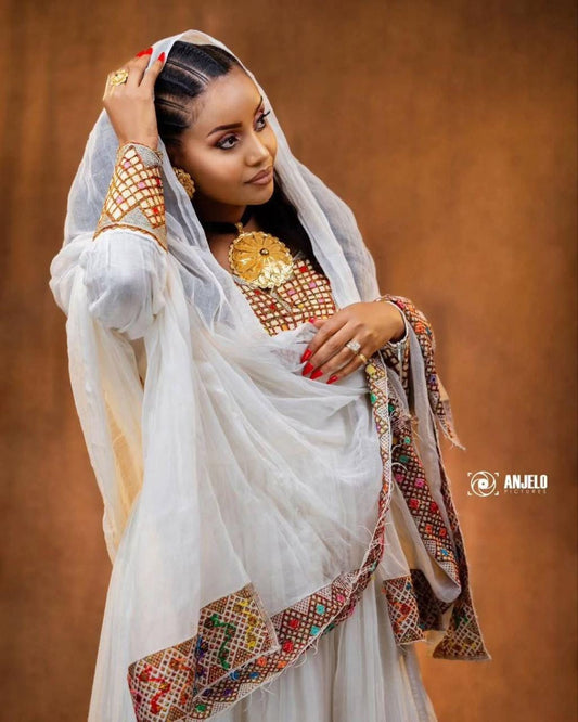 Cultural Habesha Kemis for Women golden ,   Tilet Eritrean & Ethiopian Traditional Dress