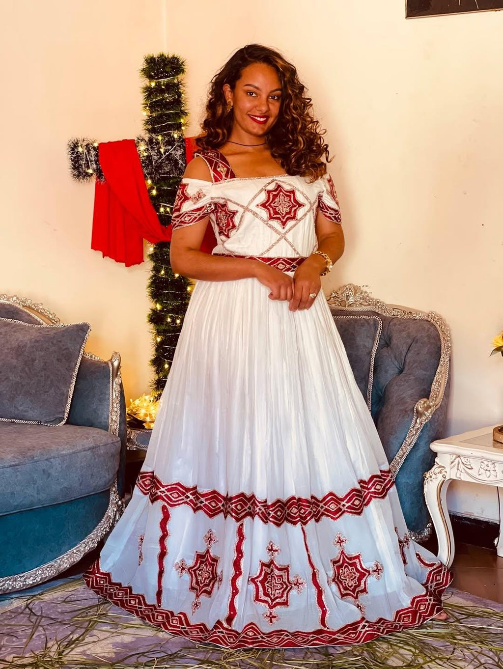 Cultural Habesha Kemis For Women, New red white  Tilet Eritrean & Ethiopian Traditional Dress