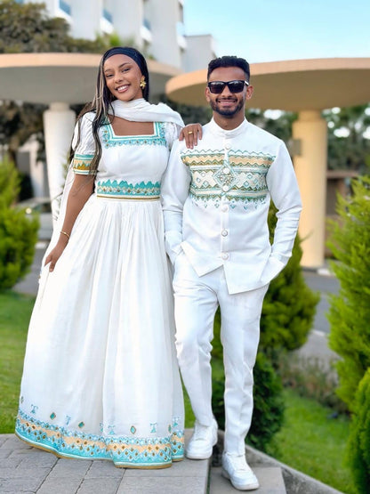 Couple Habesha clothing,  Tilet, Eritrean and Ethiopian Traditional Wedding Attire, Custom Made Habesha Fashion