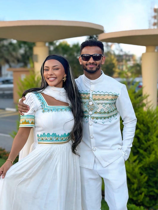 Couple Habesha clothing,  Tilet, Eritrean and Ethiopian Traditional Wedding Attire, Custom Made Habesha Fashion