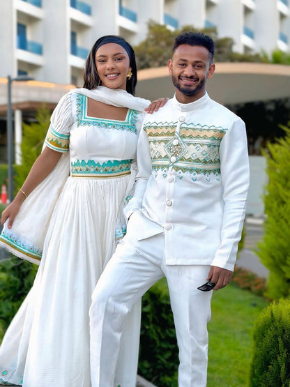 Couple Habesha clothing,  Tilet, Eritrean and Ethiopian Traditional Wedding Attire, Custom Made Habesha Fashion