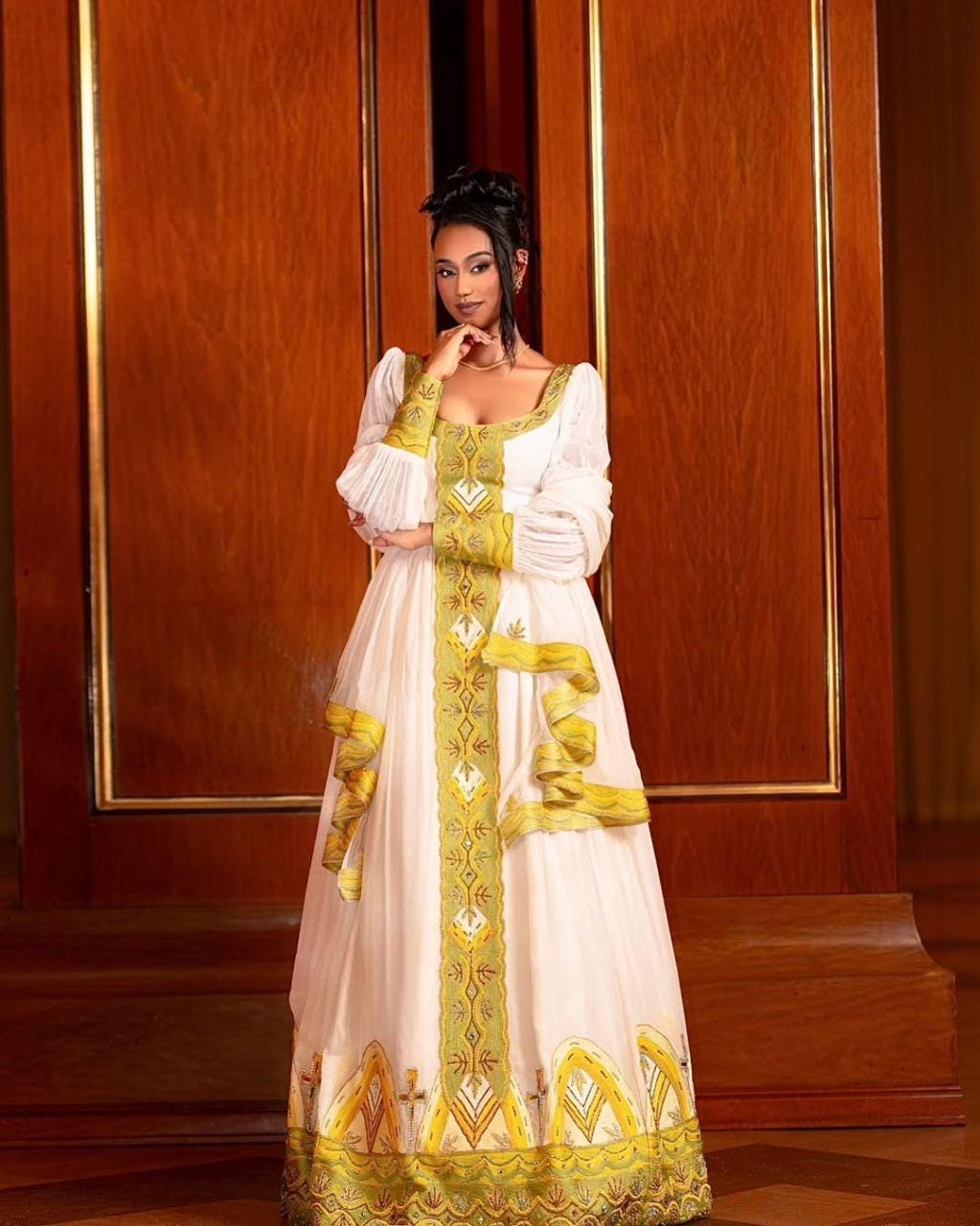 Ethiopian Habesha Kemis, Traditional White & Gold Embroidered Maxi Dress, Eritrean Cultural Wedding Dress, Handmade Gown