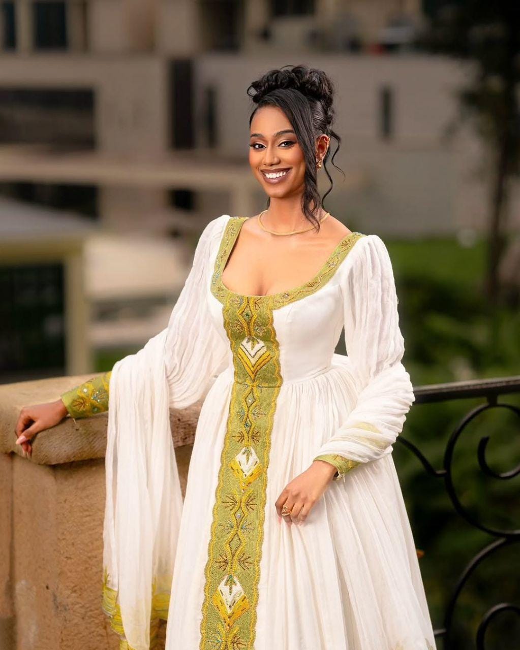 Ethiopian Habesha Kemis, Traditional White & Gold Embroidered Maxi Dress, Eritrean Cultural Wedding Dress, Handmade Gown