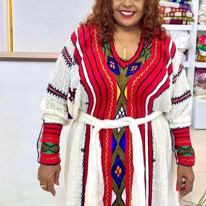 Cultural Fetil Habesha Kemis for Women, Red Tilf Eritrean & Ethiopian Traditional Dress