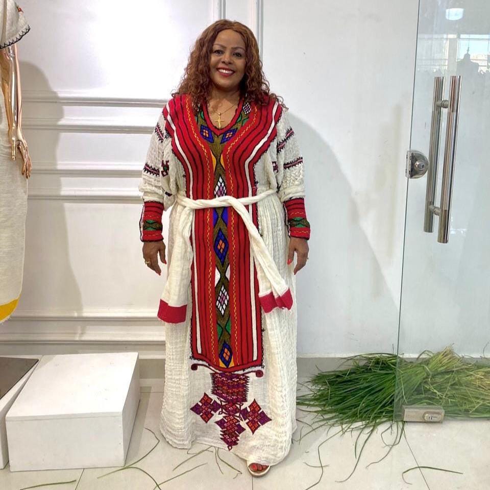 Cultural Fetil Habesha Kemis for Women, Red Tilf Eritrean & Ethiopian Traditional Dress