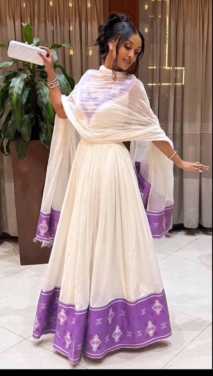 Habesha Kemis Traditional Dress, Ethiopian White & Purple Embroidered Maxi Dress, Eritrean Cultural Wedding Formal Gown