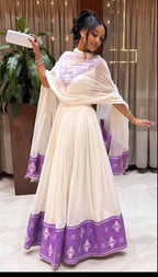 Habesha Kemis Traditional Dress, Ethiopian White & Purple Embroidered Maxi Dress, Eritrean Cultural Wedding Formal Gown