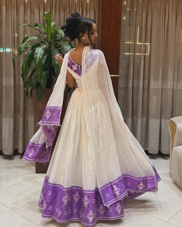 Habesha Kemis Traditional Dress, Ethiopian White & Purple Embroidered Maxi Dress, Eritrean Cultural Wedding Formal Gown