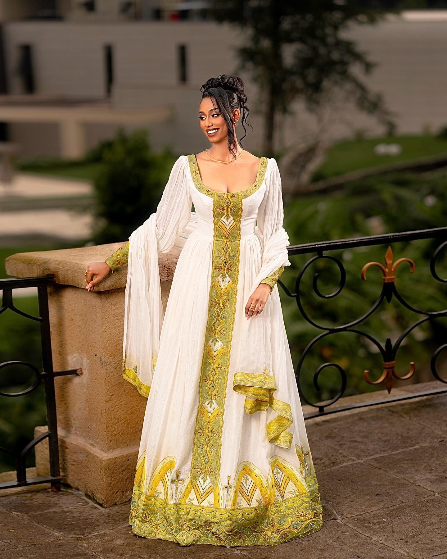 Ethiopian Habesha Kemis, Traditional White & Gold Embroidered Maxi Dress, Eritrean Cultural Wedding Dress, Handmade Gown
