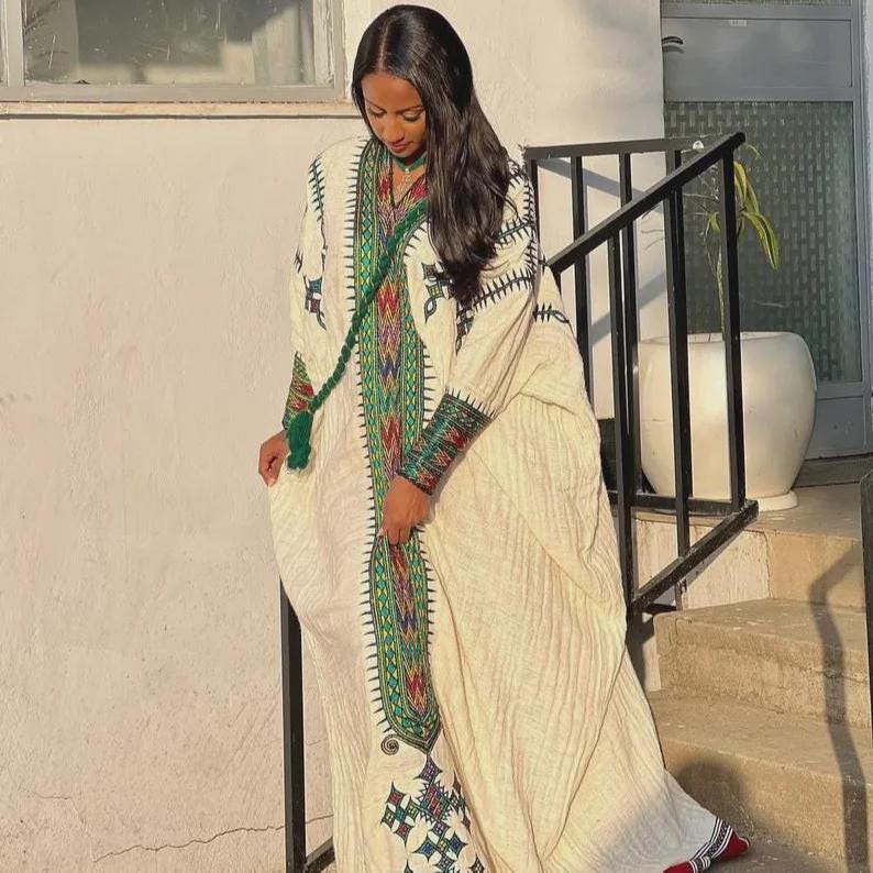 Habesha Kemis Traditional Dress, Cultural Ethiopian and Eritrean Fetil Wear, White & Green Embroidered Maxi Dress