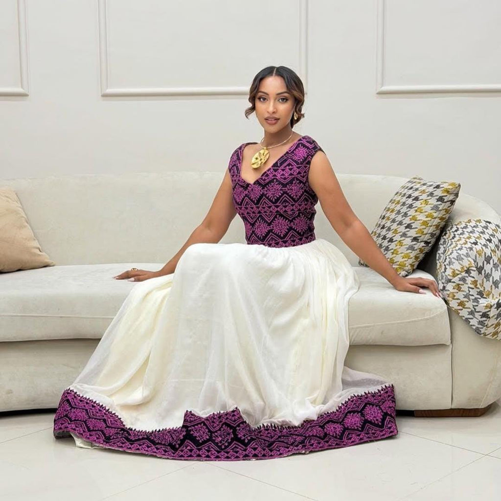 Habesha Kemis, Ethiopian Dress for Women, Handmade Traditional Cotton Dress with Purple Tibeb, Eritrean Cultural Gown