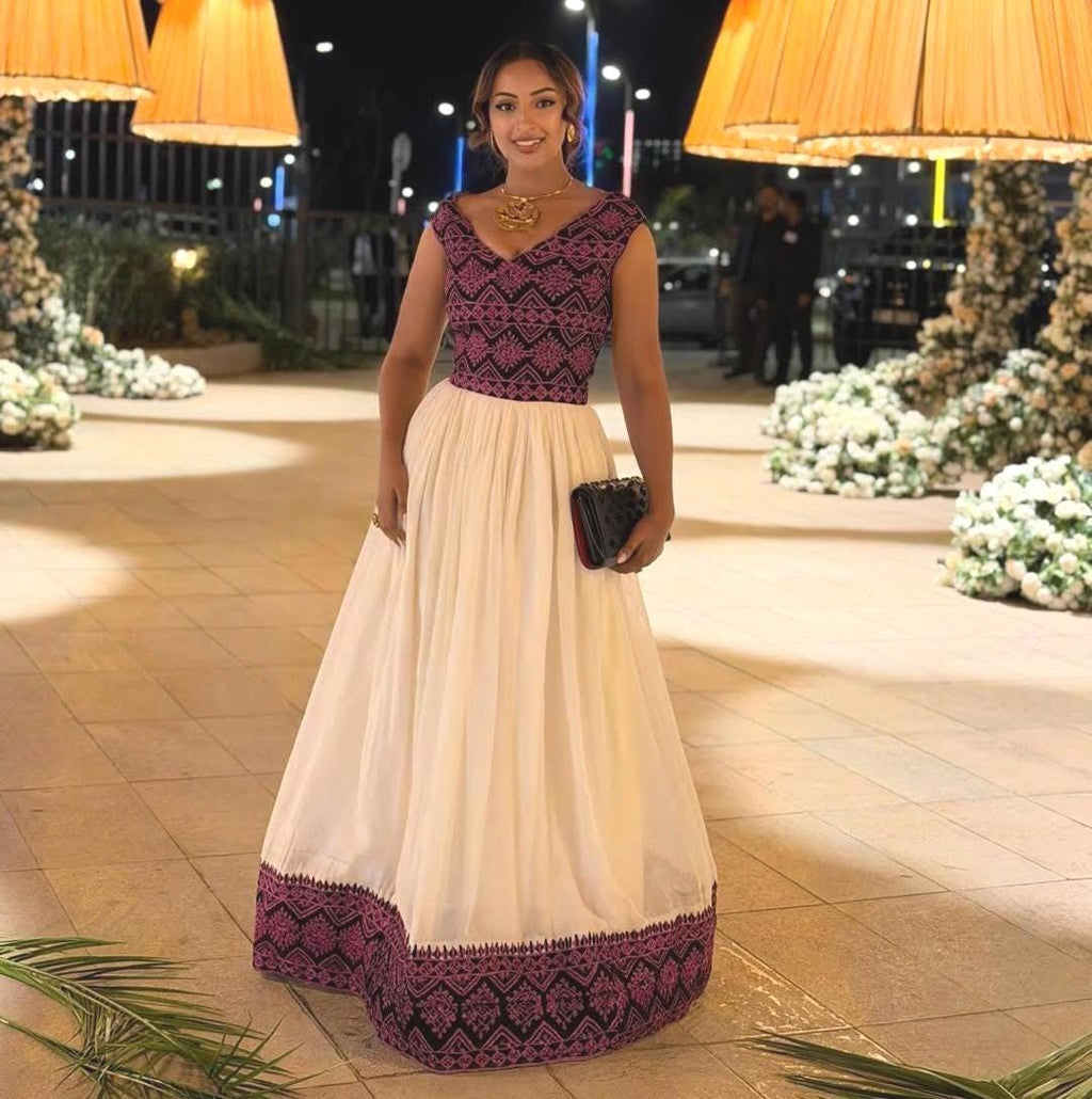 Habesha Kemis, Ethiopian Dress for Women, Handmade Traditional Cotton Dress with Purple Tibeb, Eritrean Cultural Gown