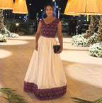 Habesha Kemis, Ethiopian Dress for Women, Handmade Traditional Cotton Dress with Purple Tibeb, Eritrean Cultural Gown