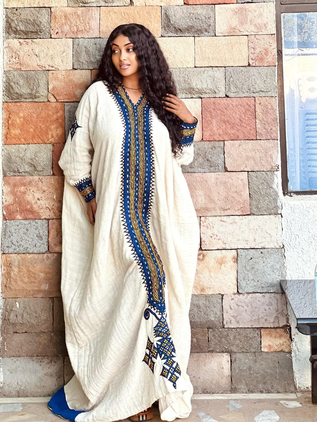 Cultural Habesha Fetil Kemis For Women, New Blue Tilf Embroidery Eritrean & Ethiopian Traditional Dress