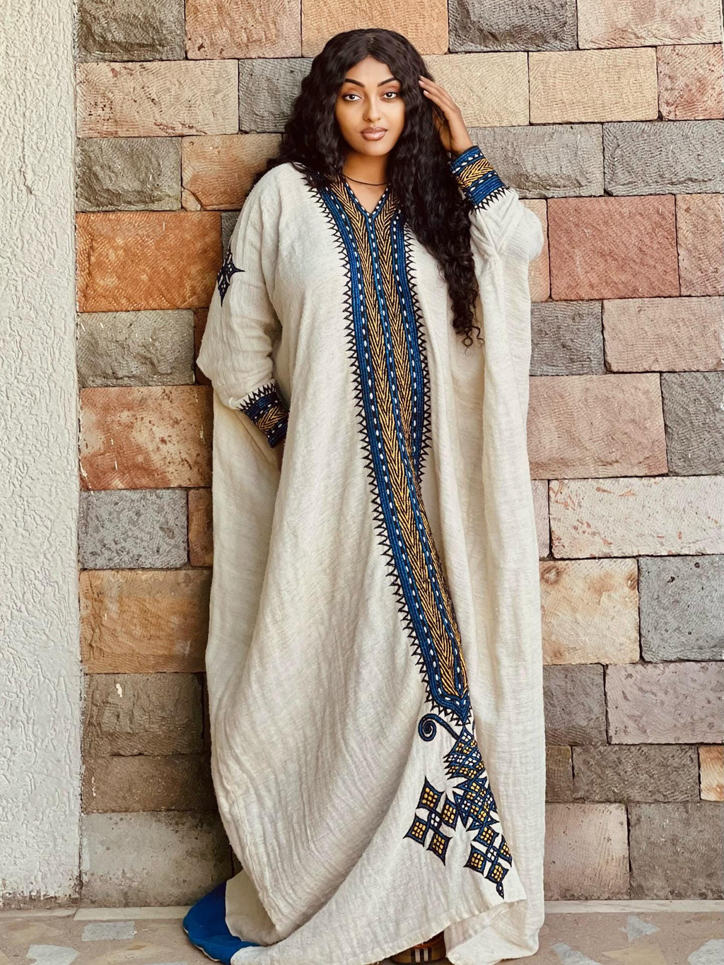 Cultural Habesha Fetil Kemis For Women, New Blue Tilf Embroidery Eritrean & Ethiopian Traditional Dress