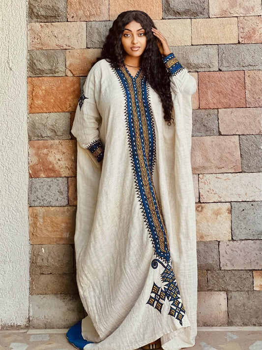 Cultural Habesha Fetil Kemis For Women, New Blue Tilf Embroidery Eritrean & Ethiopian Traditional Dress