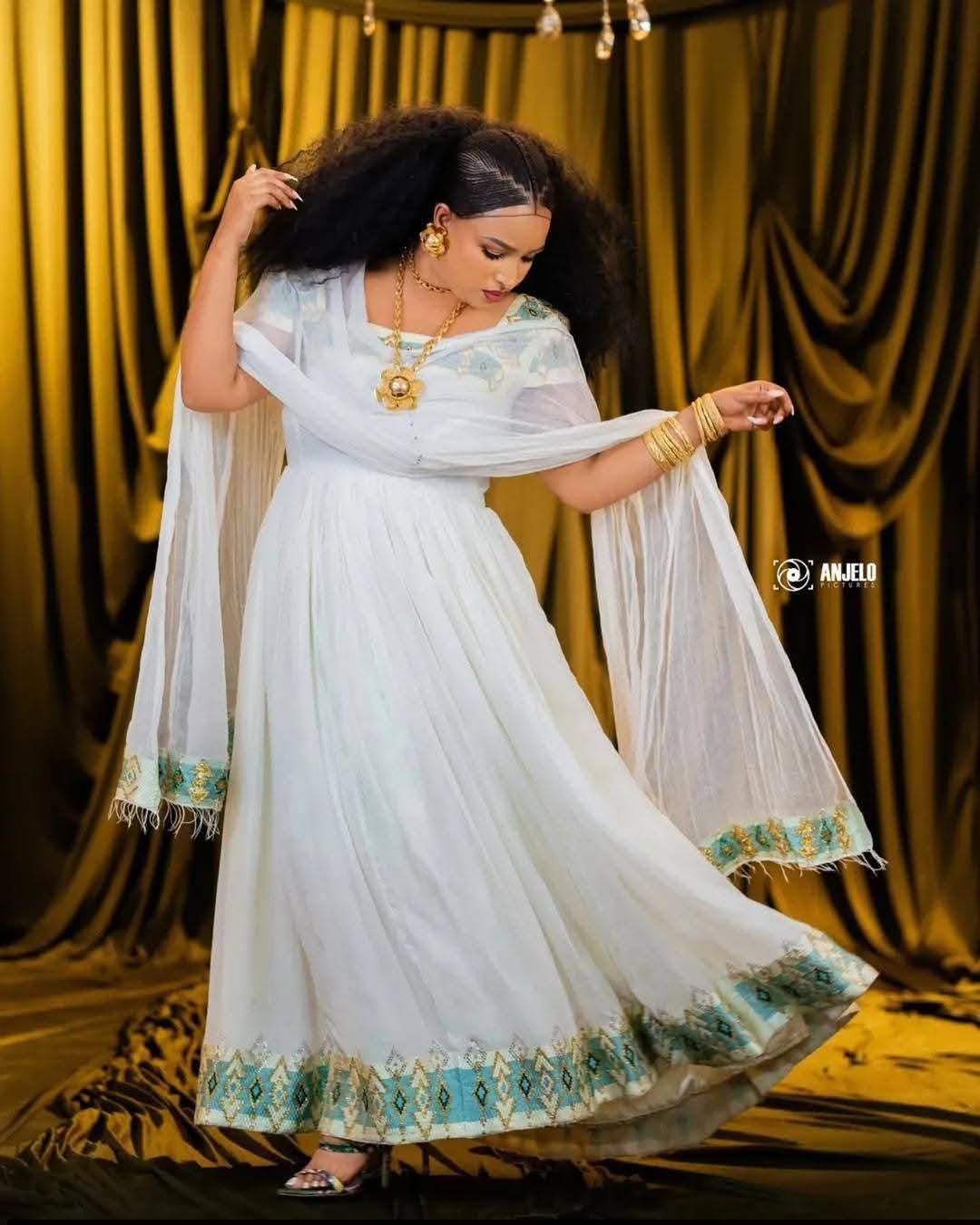 Cultural Habesha  Kemis For Women, New golden Tilet Eritrean & Ethiopian Traditional Dress