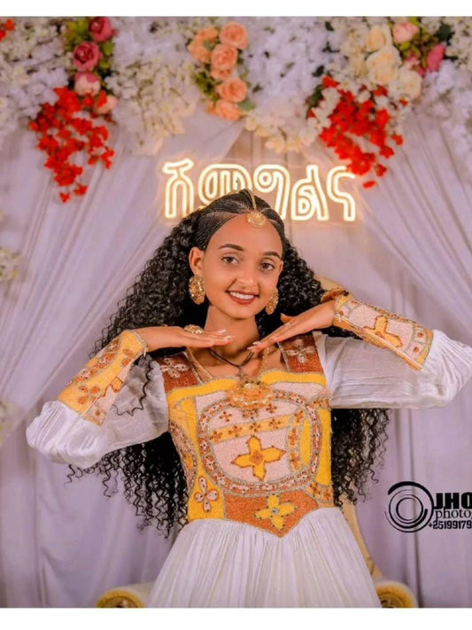 Couple Habesha clothing,New golden   Tilet Eritrean and Ethiopian Traditional Wedding Attire, Custom Made Habesha Fashion
