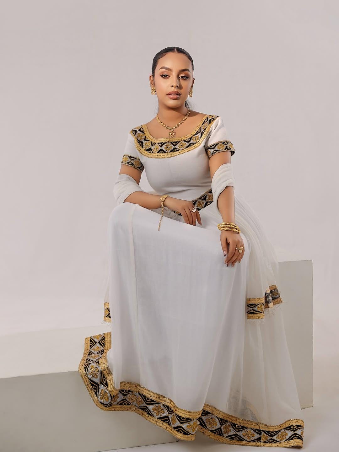 Cultural Habesha Kemis For Women, New Gold and Black Tilet Eritrean & Ethiopian Traditional Dress