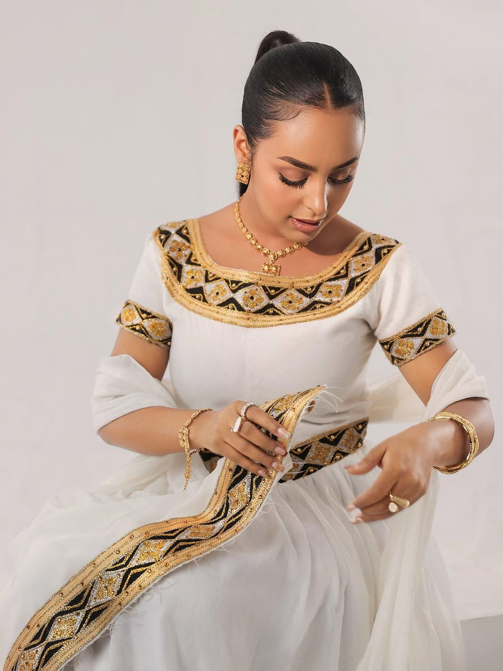 Cultural Habesha Kemis For Women, New Gold and Black Tilet Eritrean & Ethiopian Traditional Dress