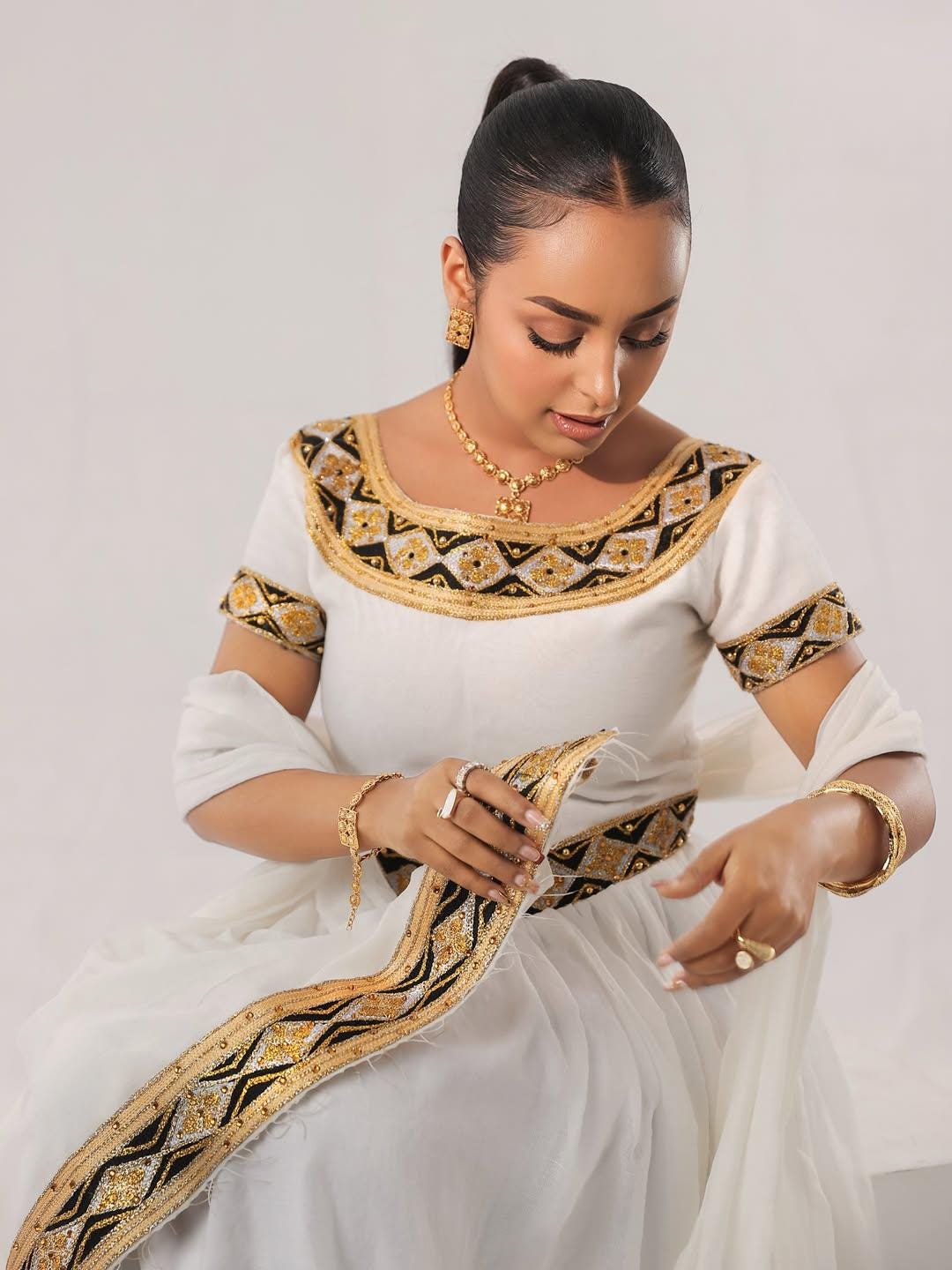 Cultural Habesha Kemis For Women, New Gold and Black Tilet Eritrean & Ethiopian Traditional Dress