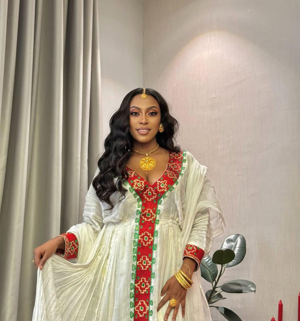 Cultural Habesha Fetil Kemis For Women, New red Tilet Eritrean & Ethiopian Traditional Dress