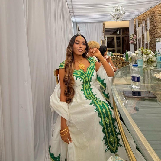 Cultural Habesha Fetil Kemis For Women, New green Tilet Eritrean & Ethiopian Traditional Dress