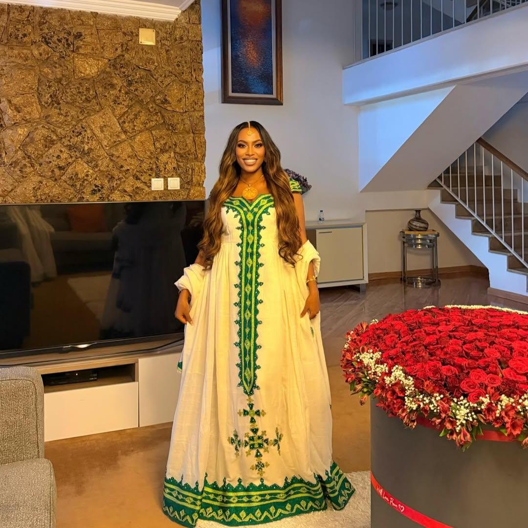 Cultural Habesha Fetil Kemis For Women, New green Tilet Eritrean & Ethiopian Traditional Dress