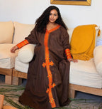 Cultural Habesha  Kemis For Women, New Brown Fabric Orange Tilf Embroidery Eritrean & Ethiopian Traditional Dress