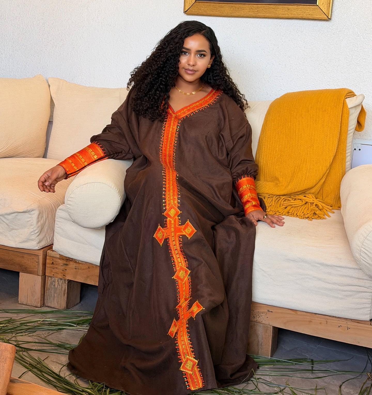 Cultural Habesha  Kemis For Women, New Brown Fabric Orange Tilf Embroidery Eritrean & Ethiopian Traditional Dress