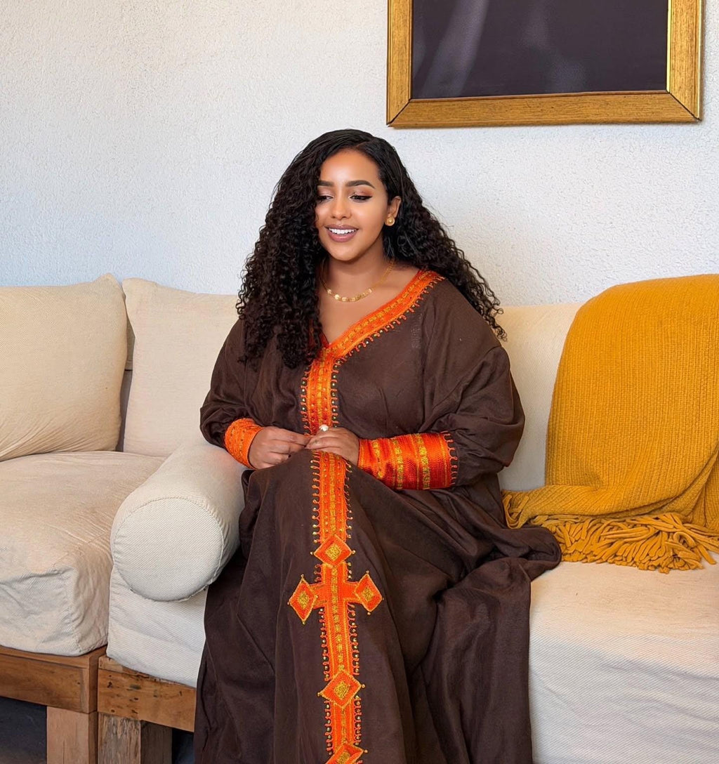 Cultural Habesha  Kemis For Women, New Brown Fabric Orange Tilf Embroidery Eritrean & Ethiopian Traditional Dress