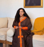 Cultural Habesha  Kemis For Women, New Brown Fabric Orange Tilf Embroidery Eritrean & Ethiopian Traditional Dress