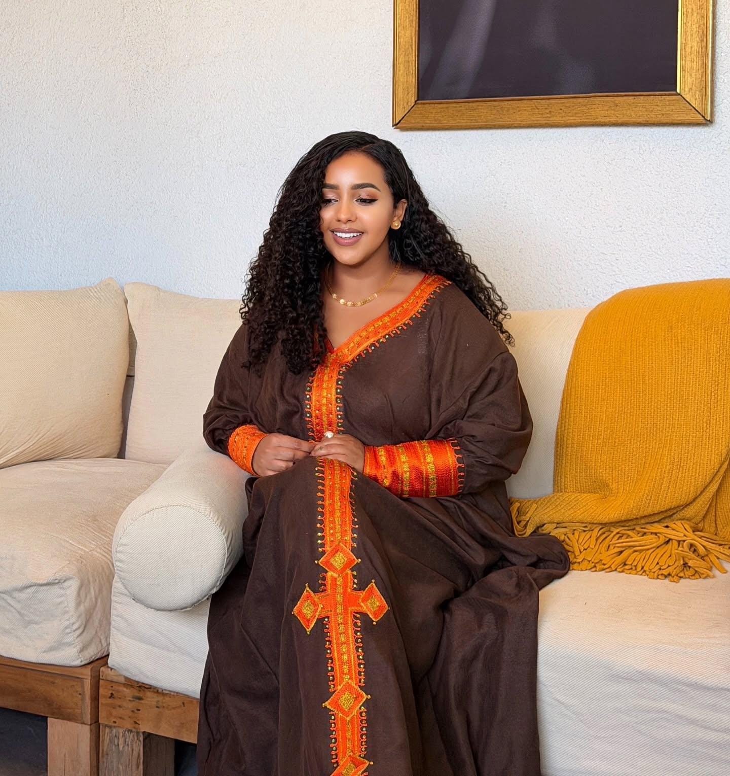 Cultural Habesha  Kemis For Women, New Brown Fabric Orange Tilf Embroidery Eritrean & Ethiopian Traditional Dress