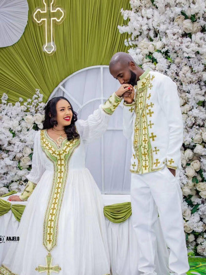 Couple Habesha clothing,New lemon  Tilet Eritrean and Ethiopian Traditional Wedding Attire, Custom Made Habesha Fashion